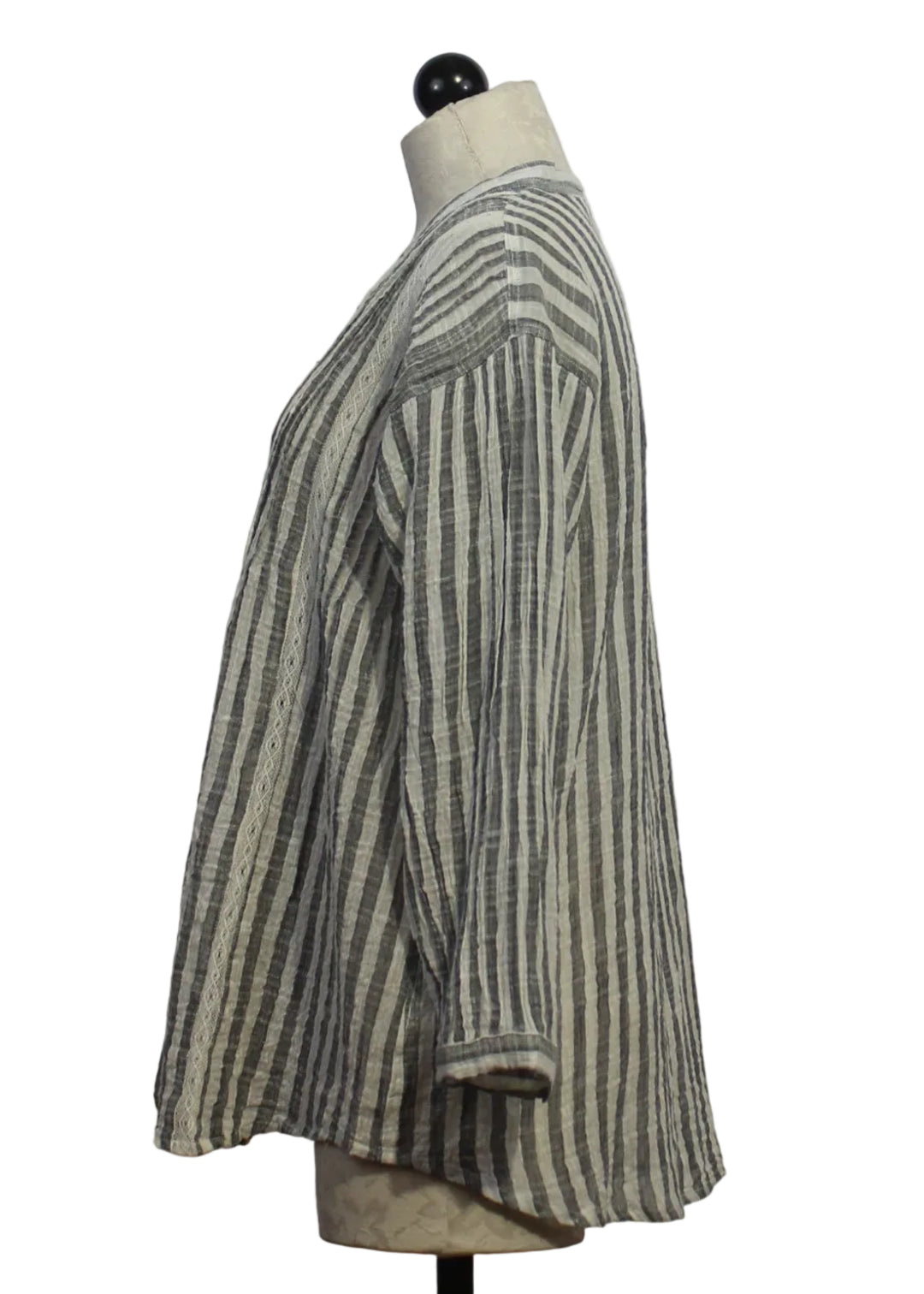 side view of Black and Ivory Long Sleeve Striped Shirt with Tucking in the Front and Back by Paper Lace