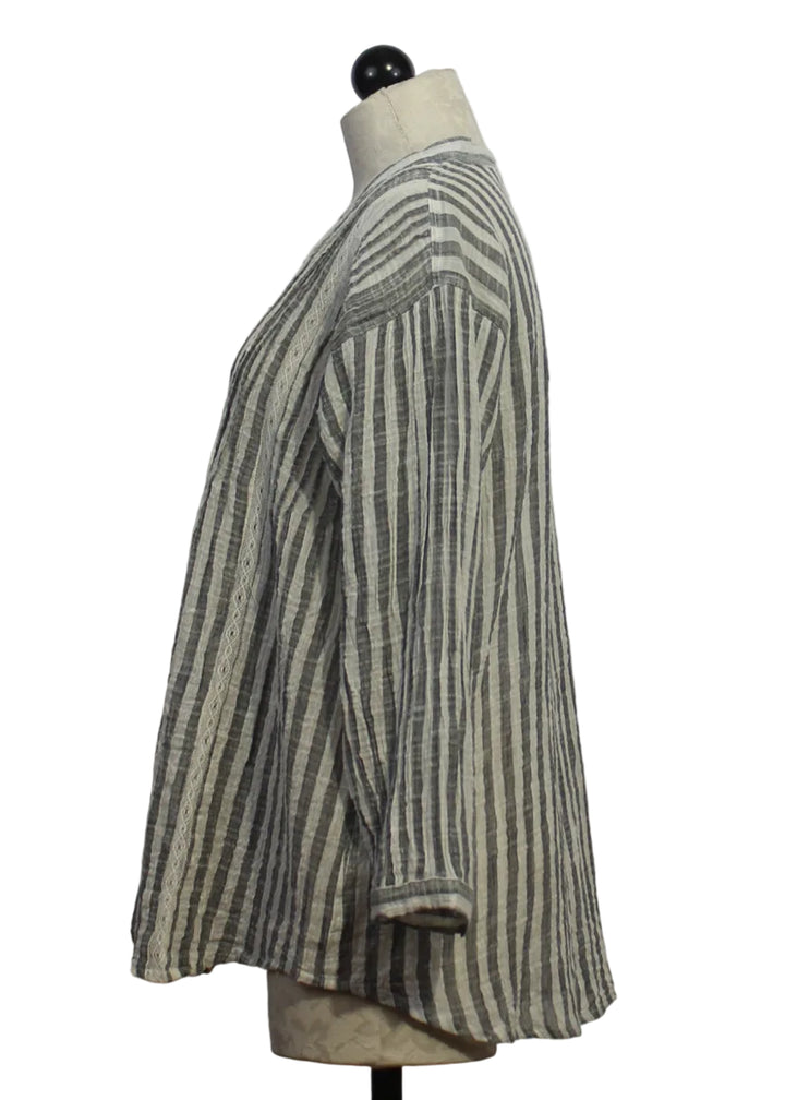 side view of Black and Ivory Long Sleeve Striped Shirt with Tucking in the Front and Back by Paper Lace
