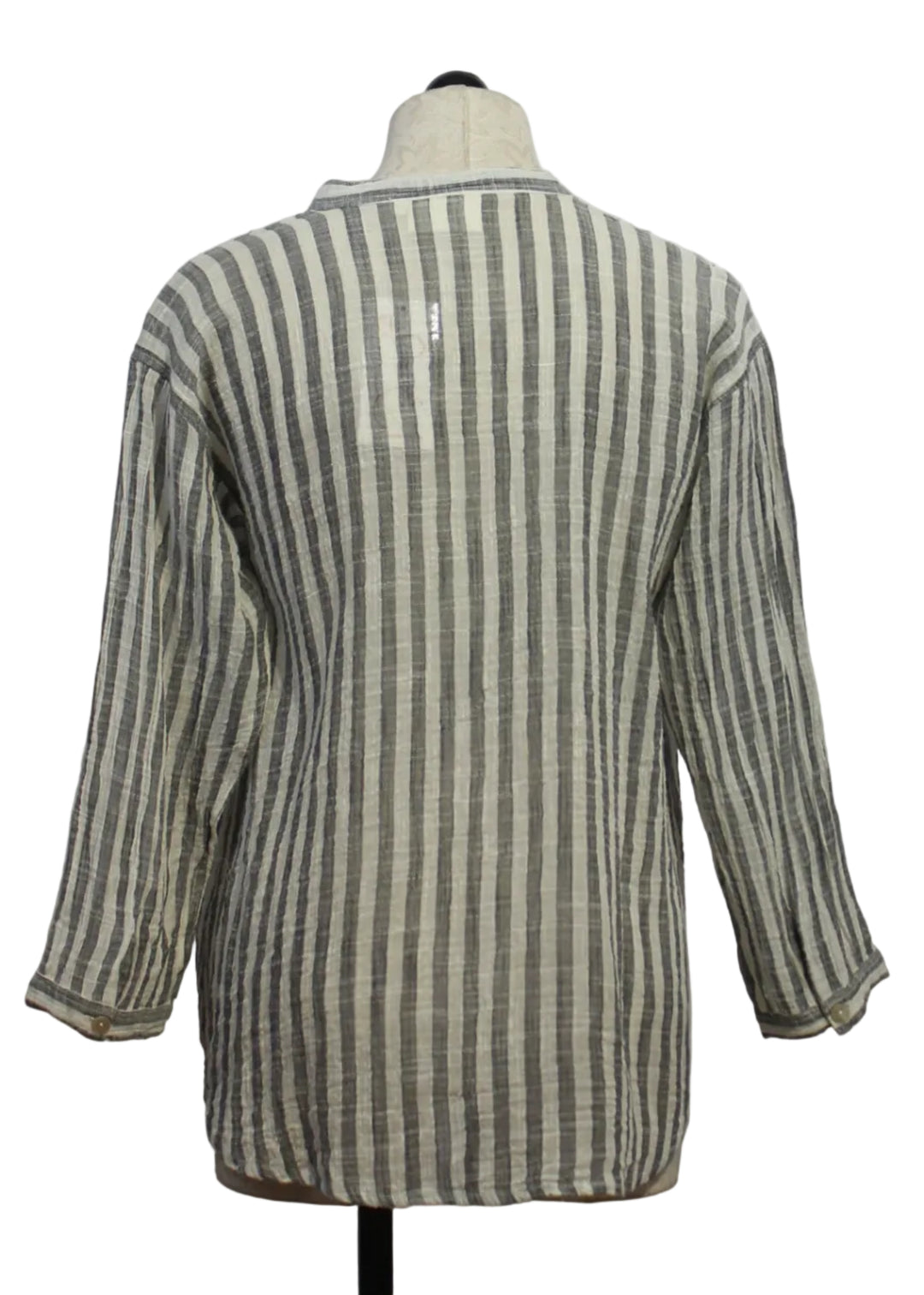 back view of Black and Ivory Long Sleeve Striped Shirt with Tucking in the Front and Back by Paper Lace
