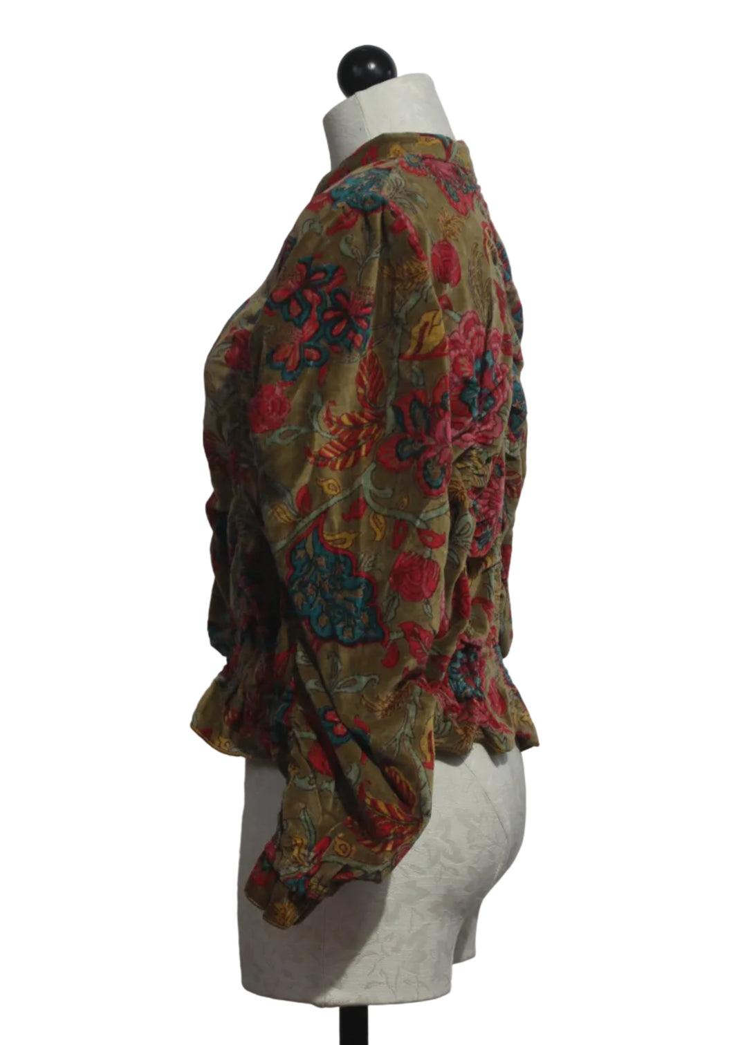 side view of Floral Print Velvet Bomber Jacket by Paperlace