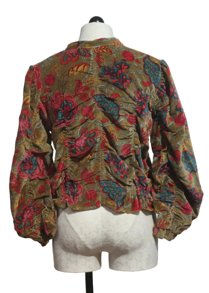 back view of Floral Print Velvet Bomber Jacket by Paperlace