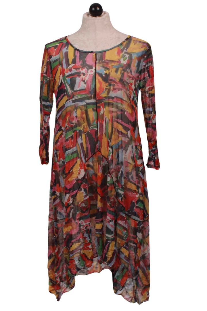 Mesh Abstract Print 3/4 Sleeve Hi Low Dress by Reina Lee