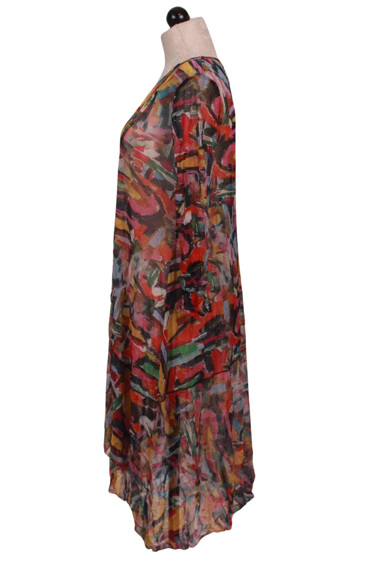 side view of Mesh Abstract Print 3/4 Sleeve Hi Low Dress by Reina Lee