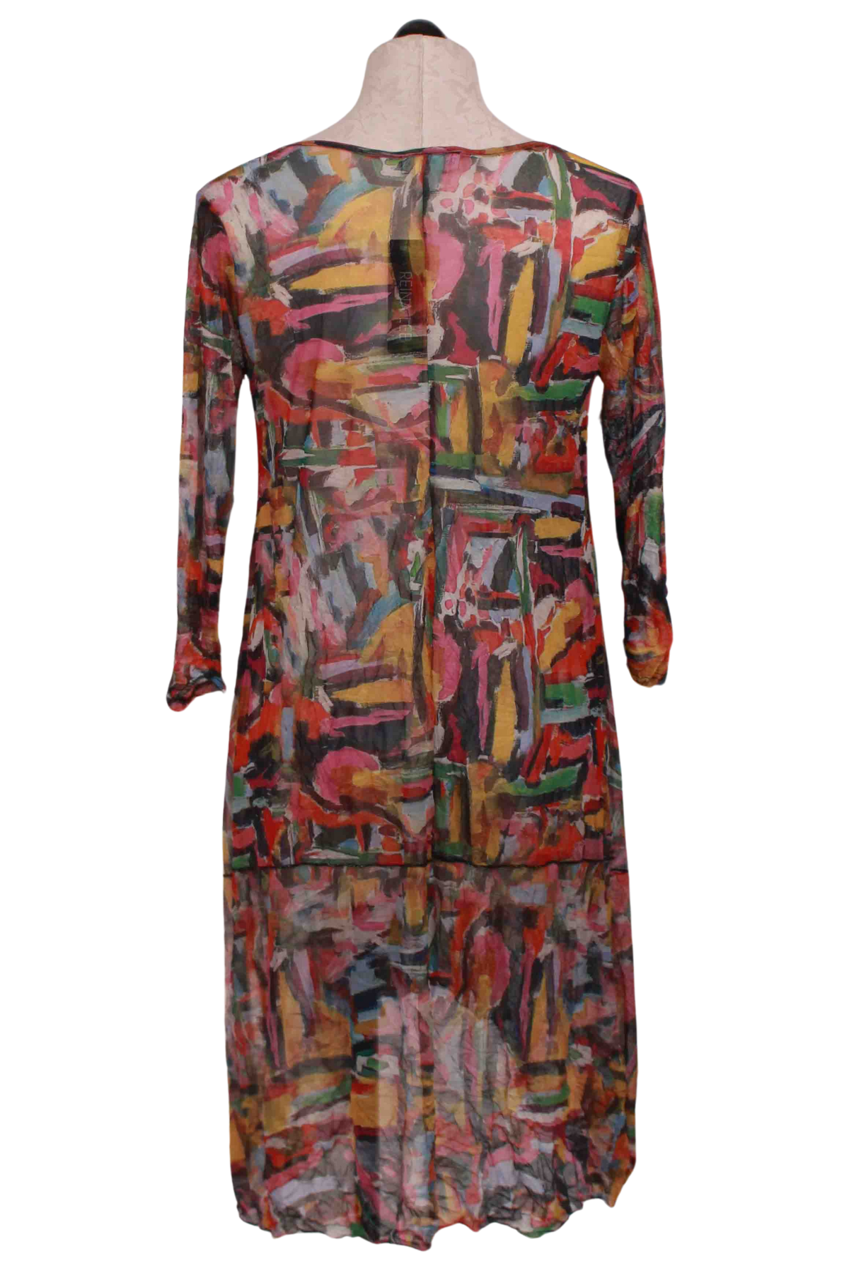 back view of Mesh Abstract Print 3/4 Sleeve Hi Low Dress by Reina Lee