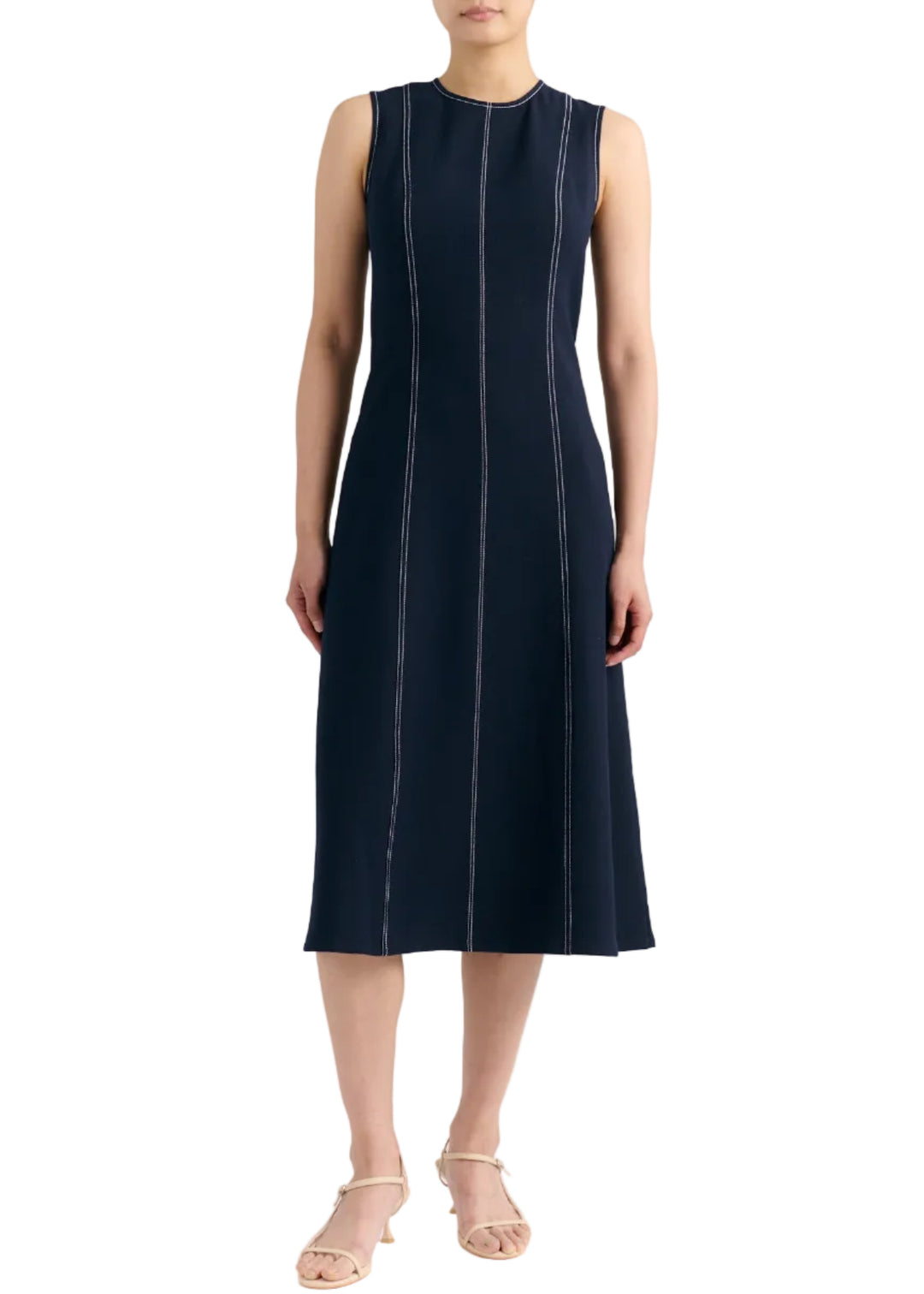 Model wearing the Dark Navy Sleeveless Rain Midi Dress by Cartolina