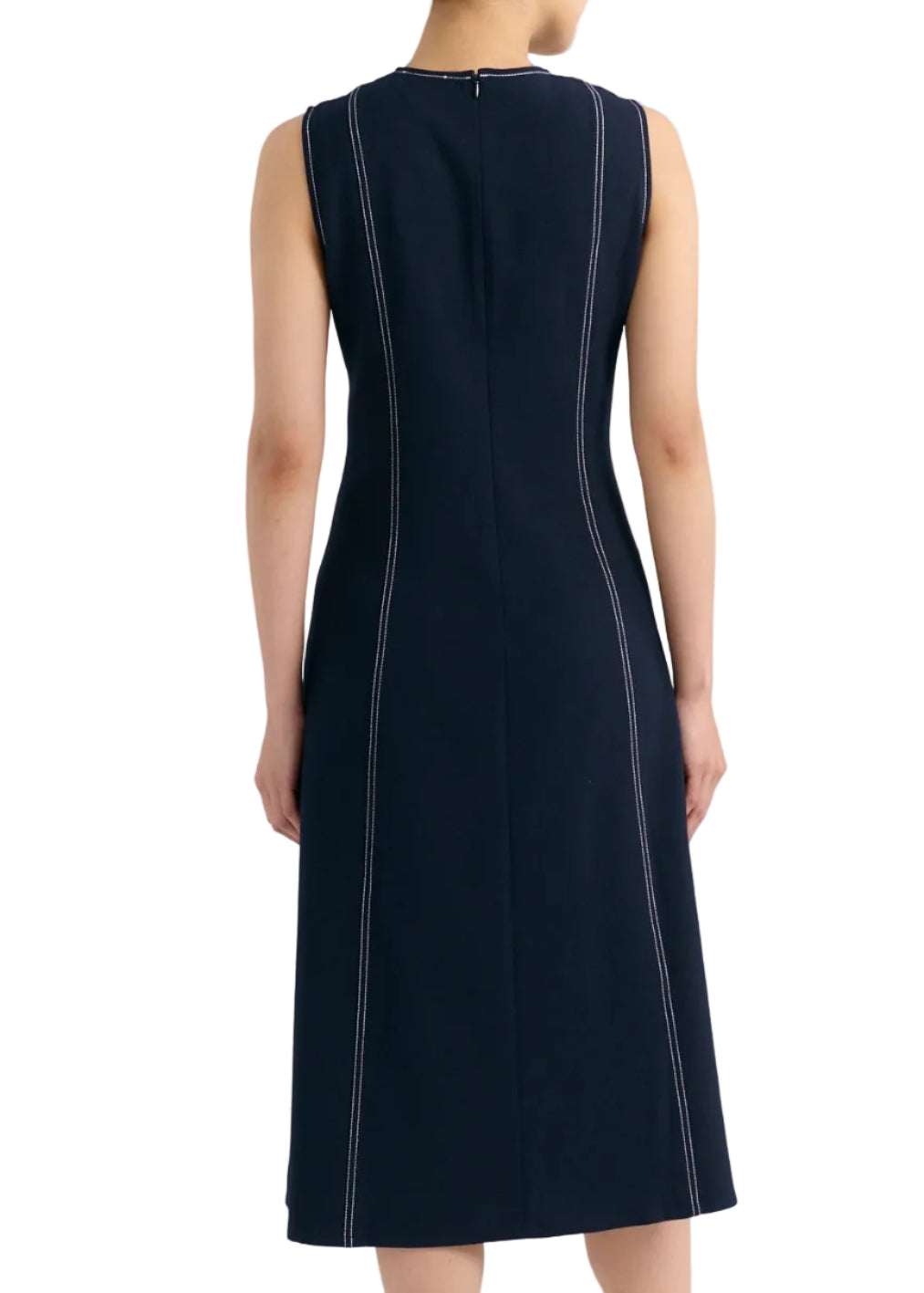 back view of Model wearing the Dark Navy Sleeveless Rain Midi Dress by Cartolina