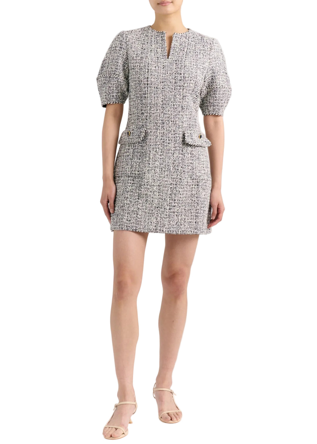 longer full view of model wearing the Short Sleeve Multicolored Tweed Petra Mini Dress by Cartolina