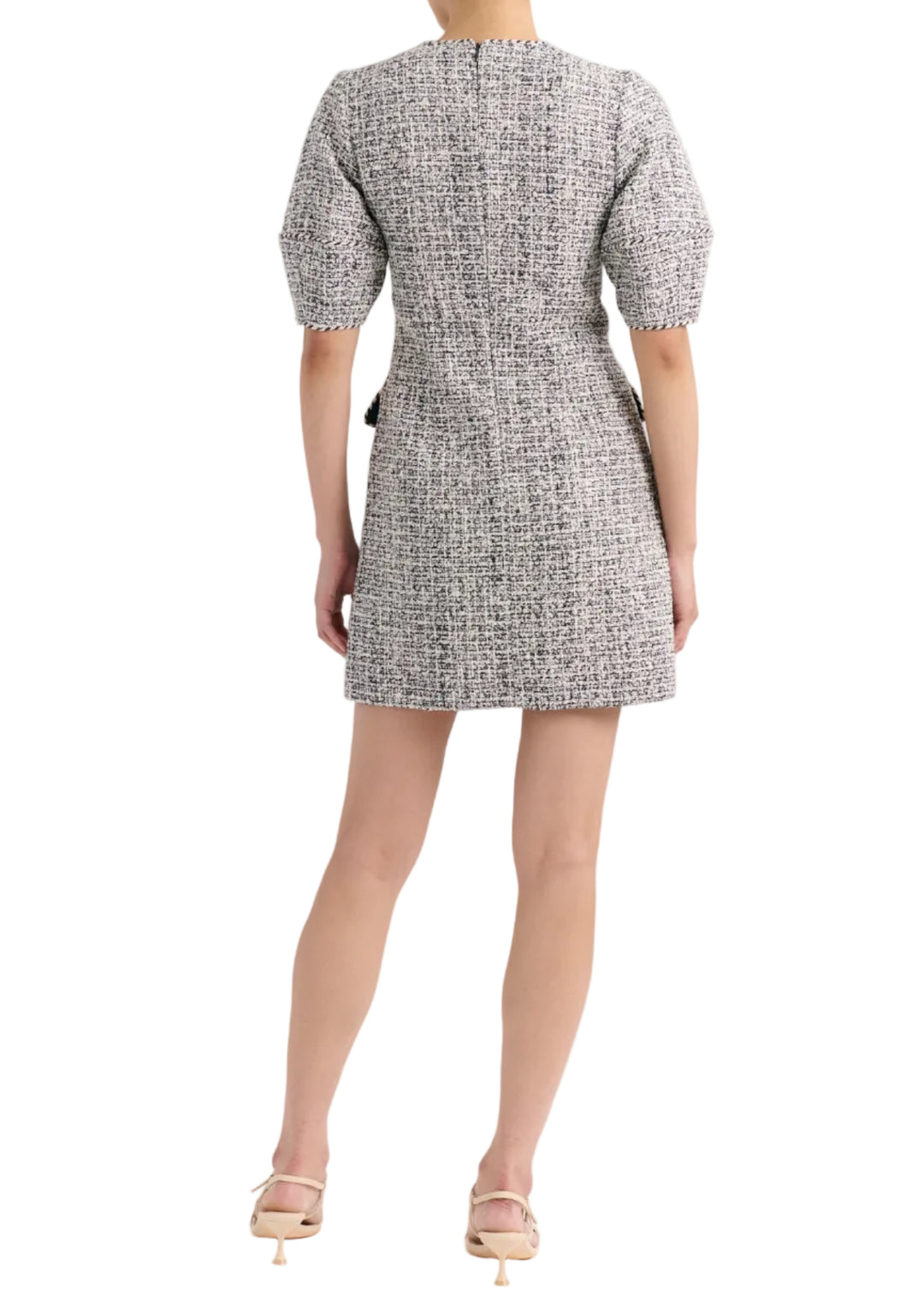 longer back view of model wearing the Short Sleeve Multicolored Tweed Petra Mini Dress by Cartolina