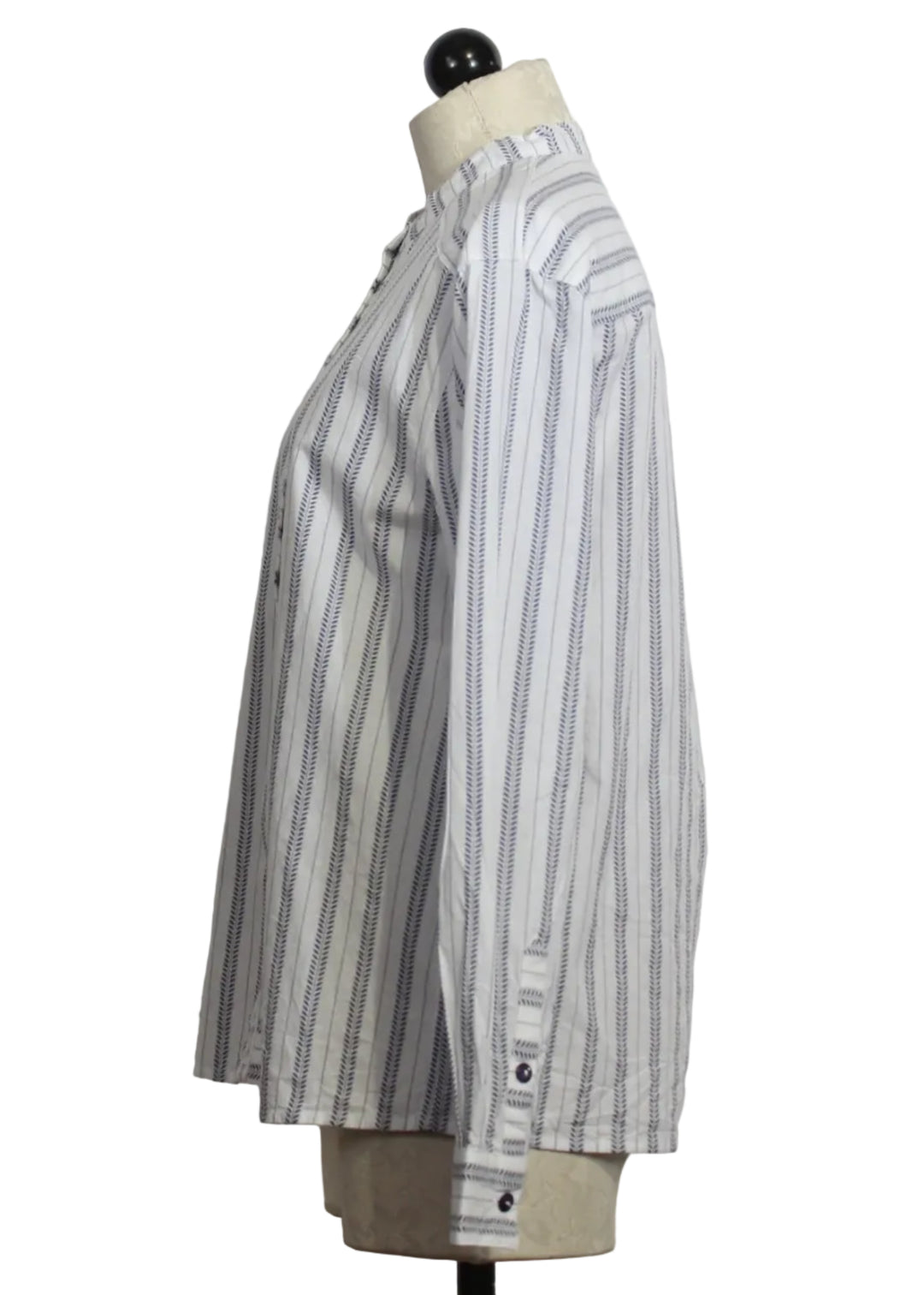 side view of Rosalie Coastal Indigo Stripe Blouse by Cartolina