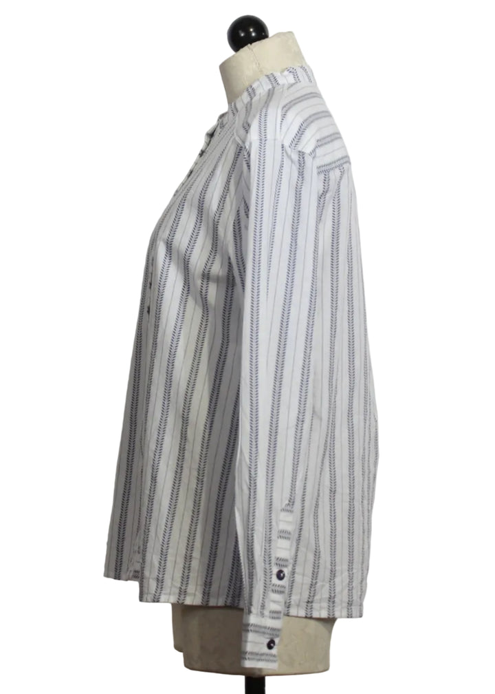 side view of Rosalie Coastal Indigo Stripe Blouse by Cartolina