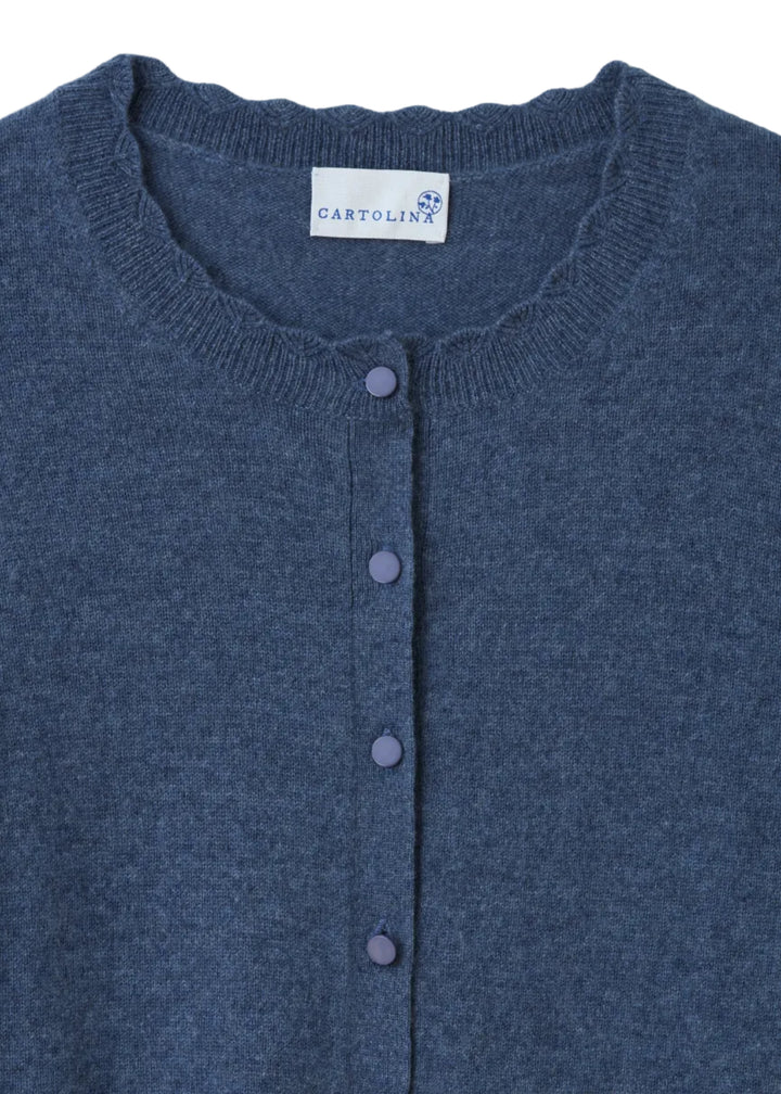 close up of the Lucy Long Sleeve Cardigan in Gallery Blue