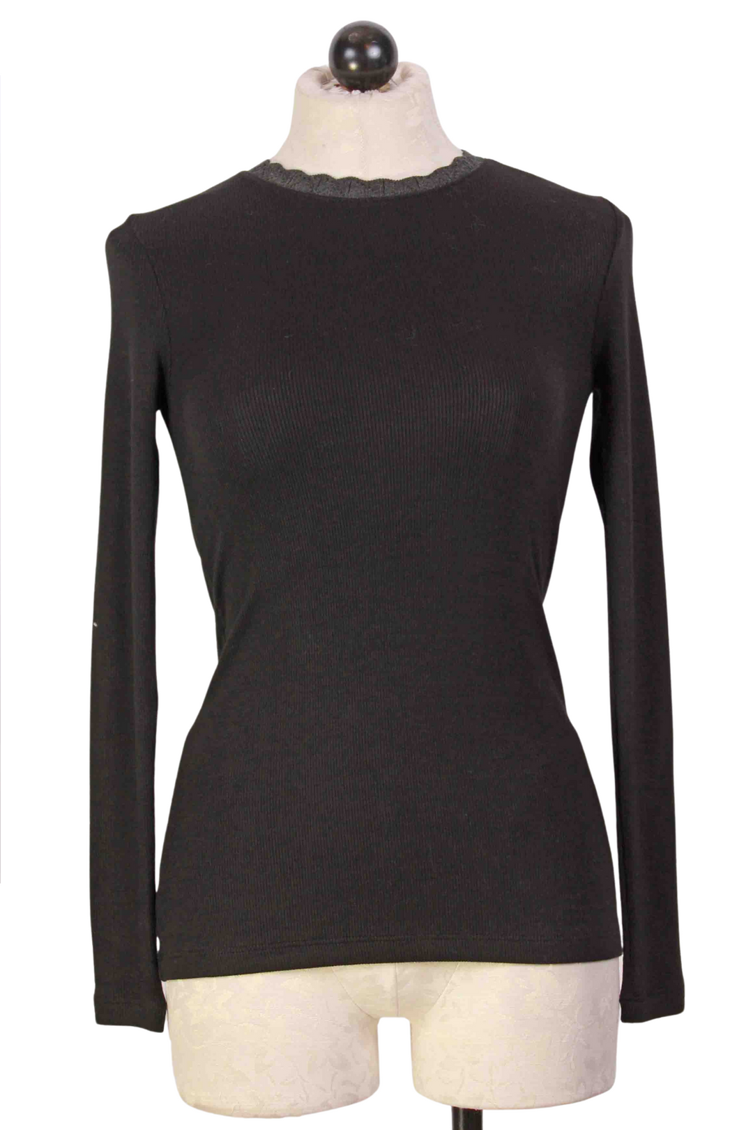 Black/Charcoal Grey Soft Long Sleeve Pointelle Trim Rib Tee by Goldie LeWinter