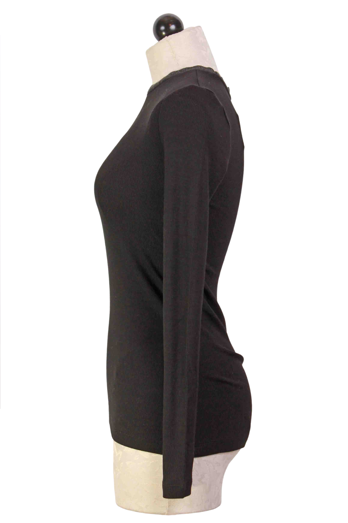 Side view of Black/Charcoal Grey Soft Long Sleeve Pointelle Trim Rib Tee by Goldie LeWinter