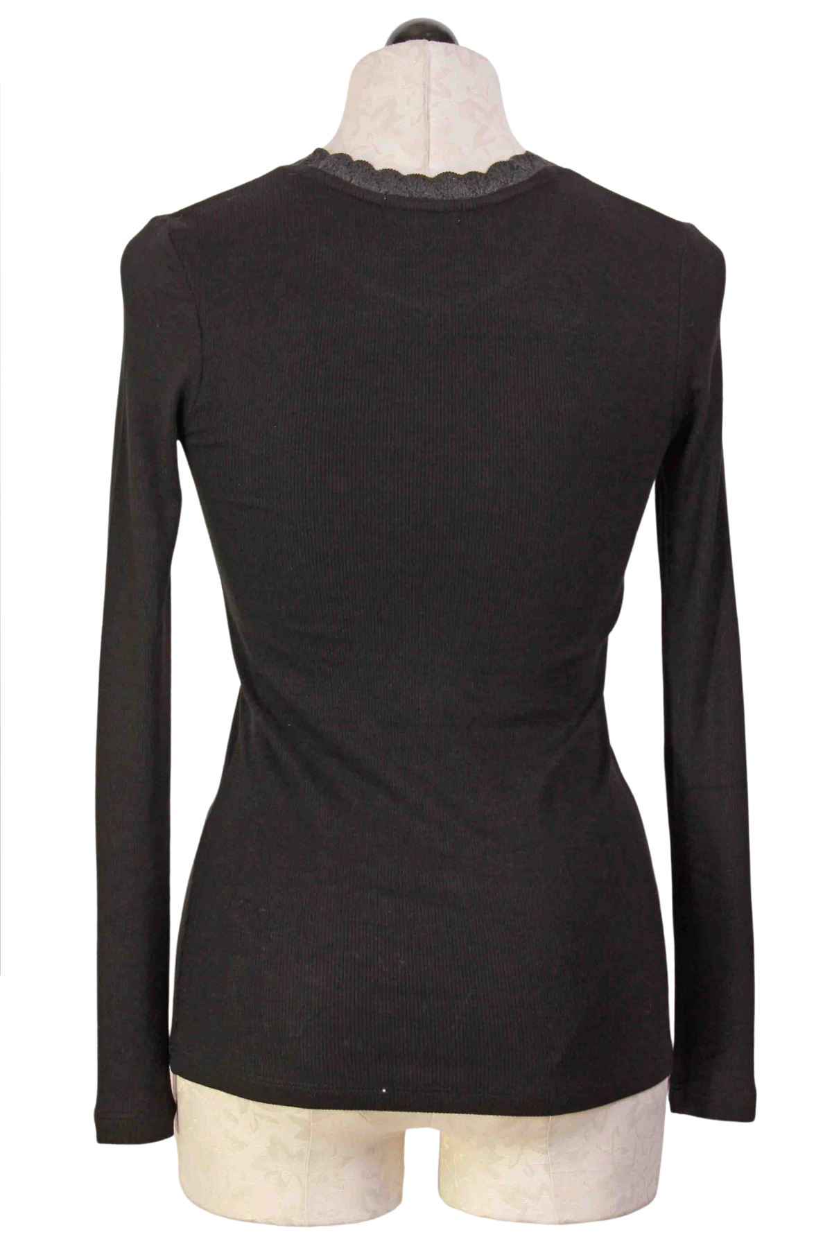 Back view of Black/Charcoal Grey Soft Long Sleeve Pointelle Trim Rib Tee by Goldie LeWinter