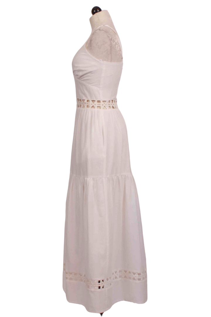 Side view of White Paradise Midi Dress by Mon Renn