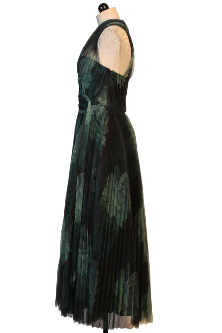 side view of The Philippa Gown by Hutch in the Forest Tonal Sketched Floral print tulle fabric