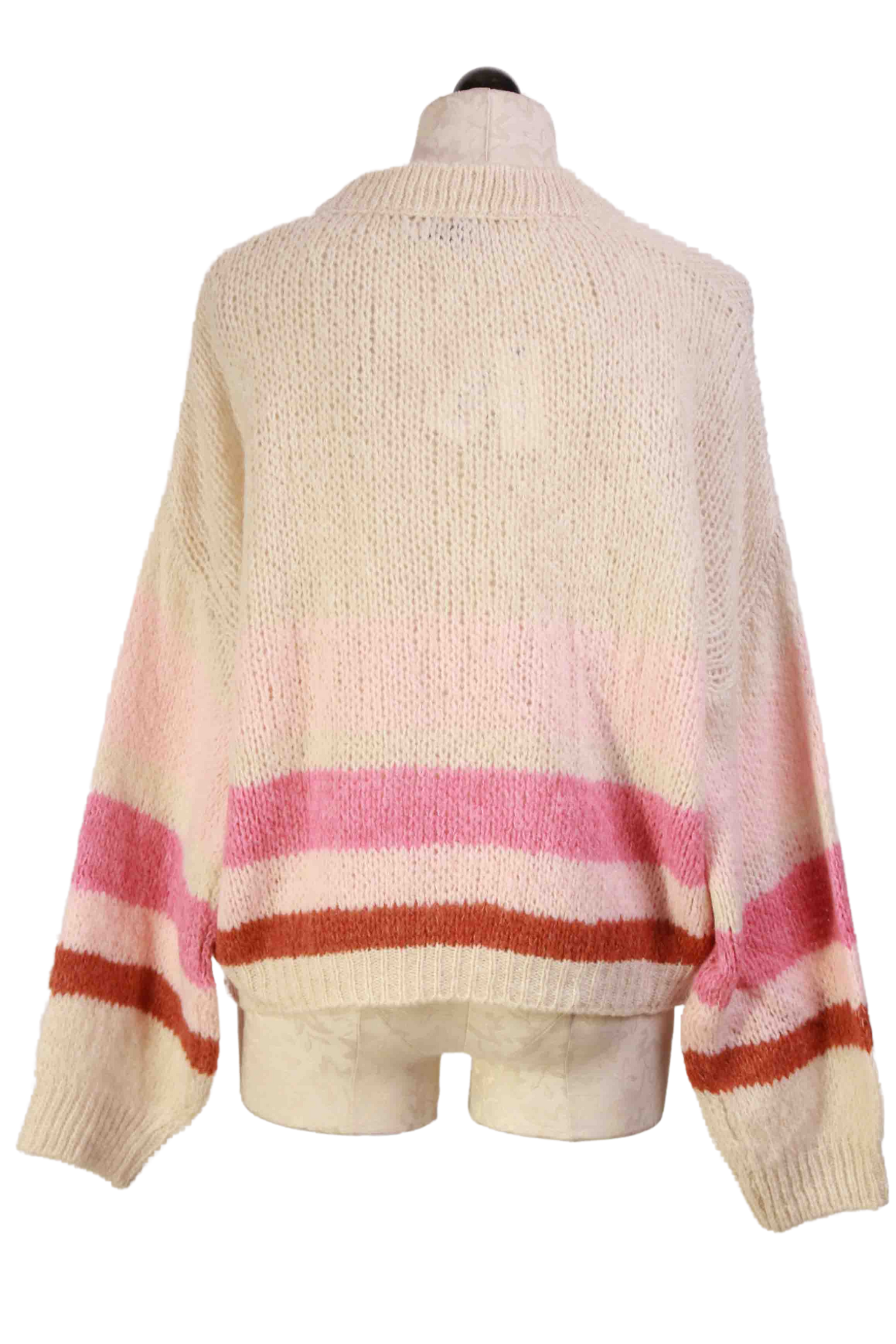 back view of Soft Buttercream/Rouge Pisa Striped Crewneck Sweater by Mersea