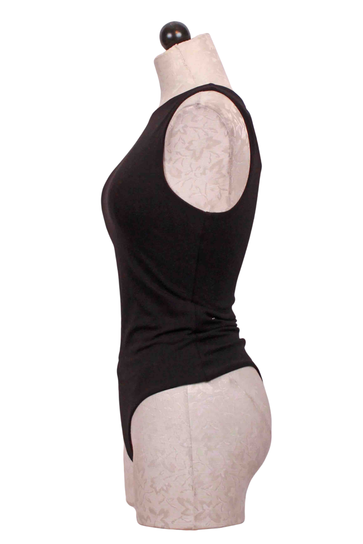 side view of Black Sleeveless Plage Bodysuit by Rue Sophie