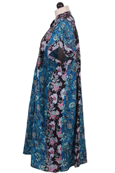 side view of French Blue Patchwork Playa Caftan by Mille