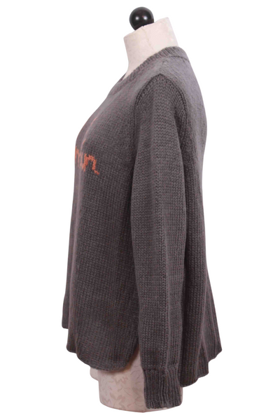 side view of Gunmetal/Georgia Peach colored Pumpkin Crewneck Sweater by Wooden Ships