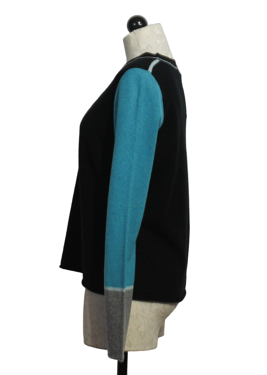 Side view of Onyx Combo Block Talk Sweater by Lisa Todd 