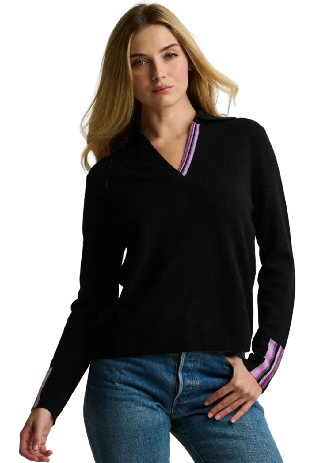 Model wearing the ONYX Collar Call Sweater by Lisa Todd