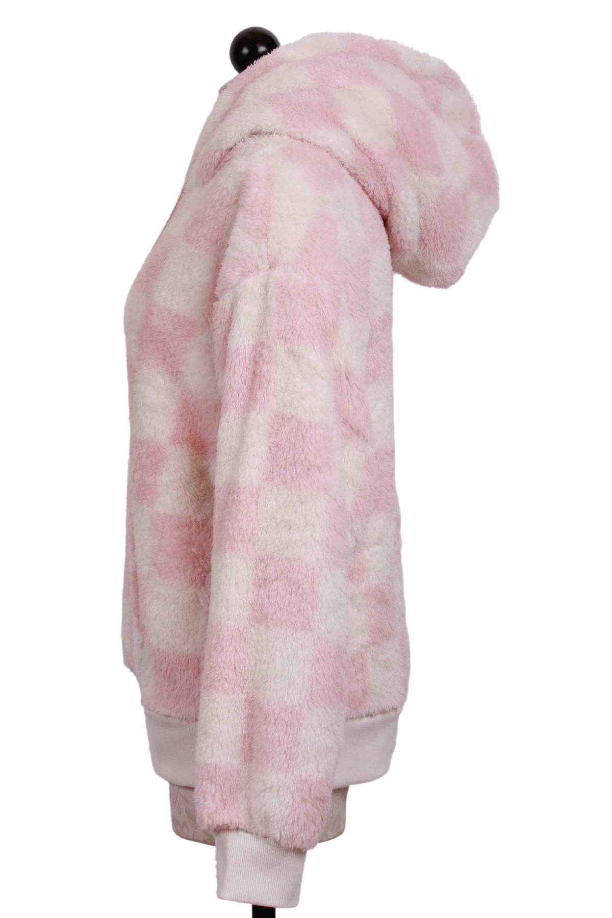 side view of Pink and Clay Checked Lets Cozy Fuzzy Hoodie by PJ Salvage