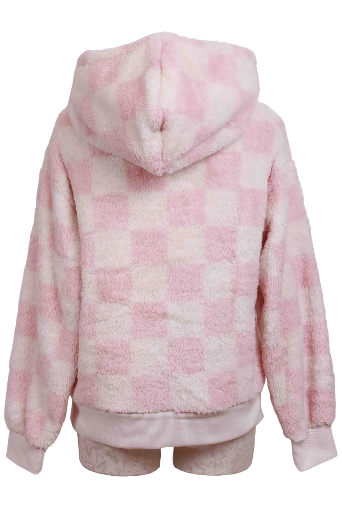 back view of Pink and Clay Checked Lets Cozy Fuzzy Hoodie by PJ Salvage