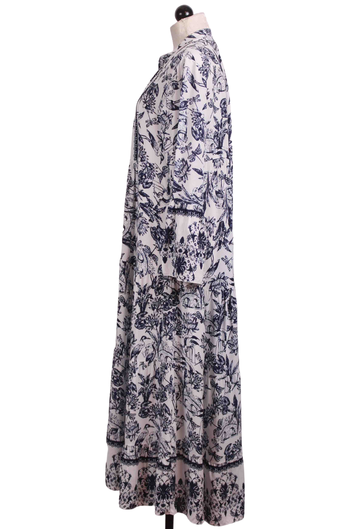side view of Navy and White Floral Ruth Midi Length Dress by Scandal Italy