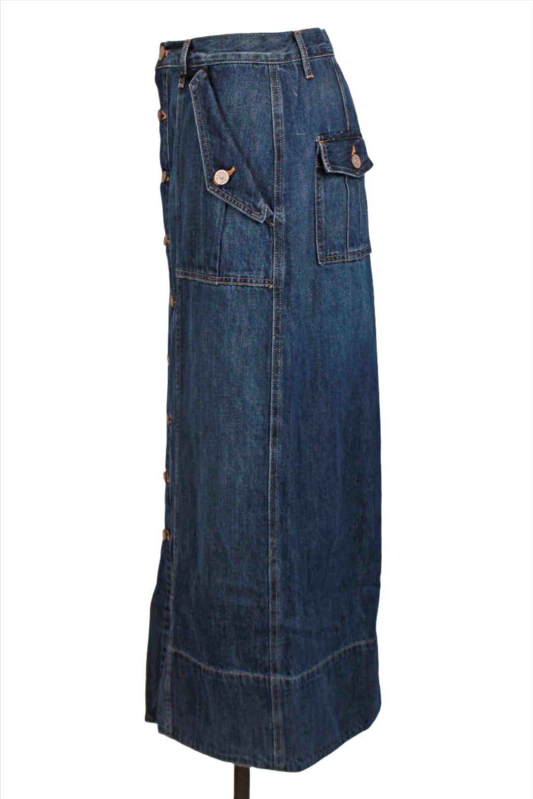 side view of Irvin Wash Rachel Utility Maxi Skirt by Noend Denim