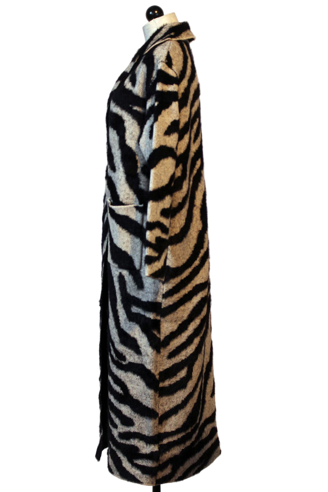 side view of Shadow Zebra Rashad Long Sweater Jacket by John and Jenn