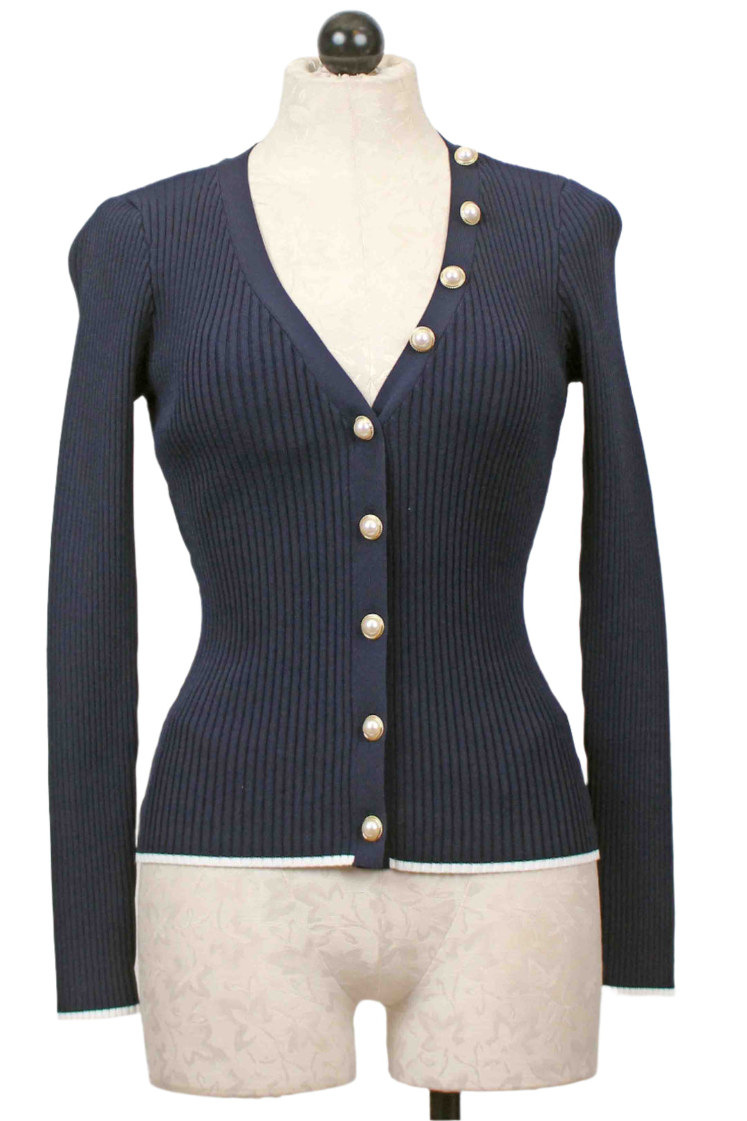 Ribbed Navy Renata Cardigan by Generation Love with White trimmed bottom hem