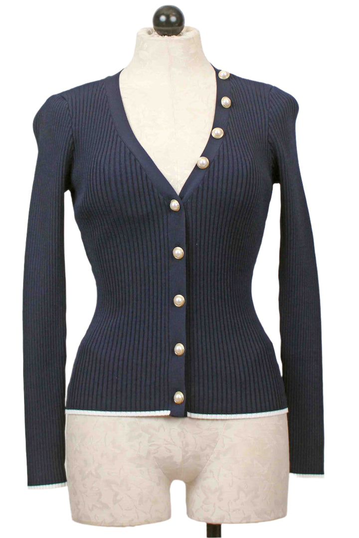 Ribbed Navy Renata Cardigan by Generation Love with White trimmed bottom hem