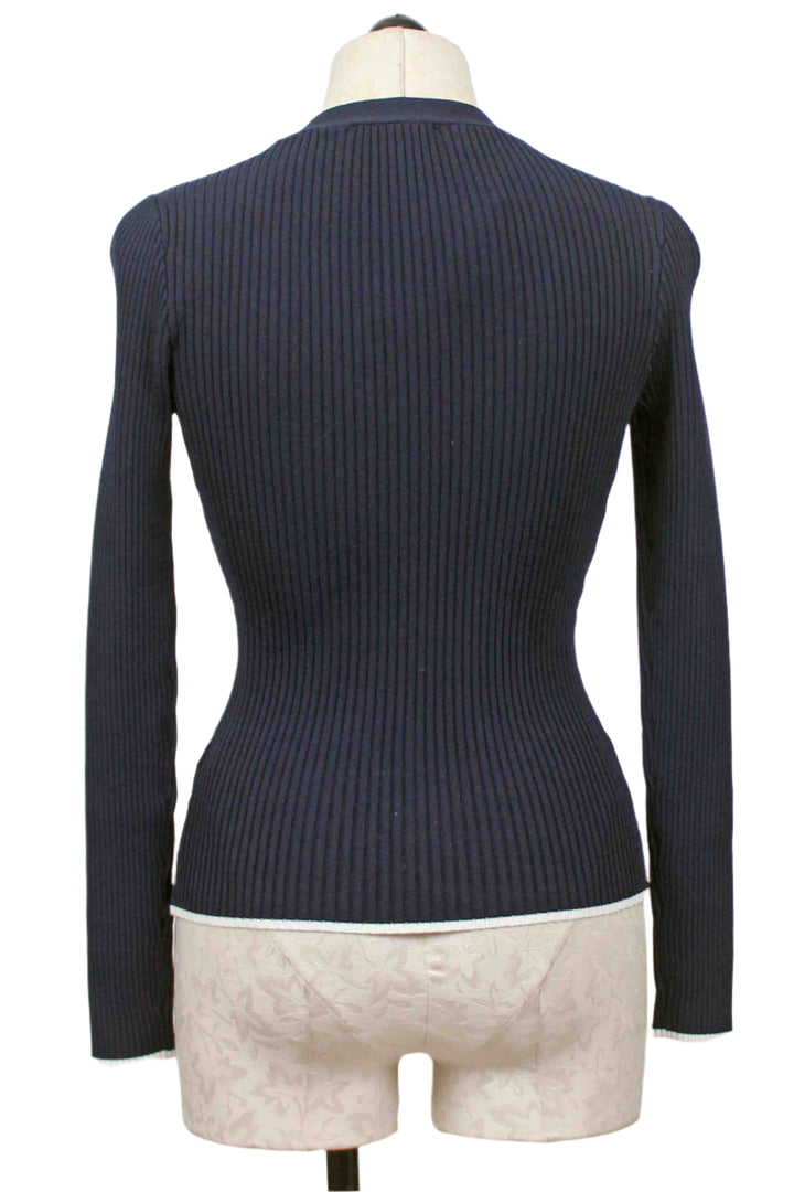 back view of Ribbed Navy Renata Cardigan by Generation Love with White trimmed bottom hem