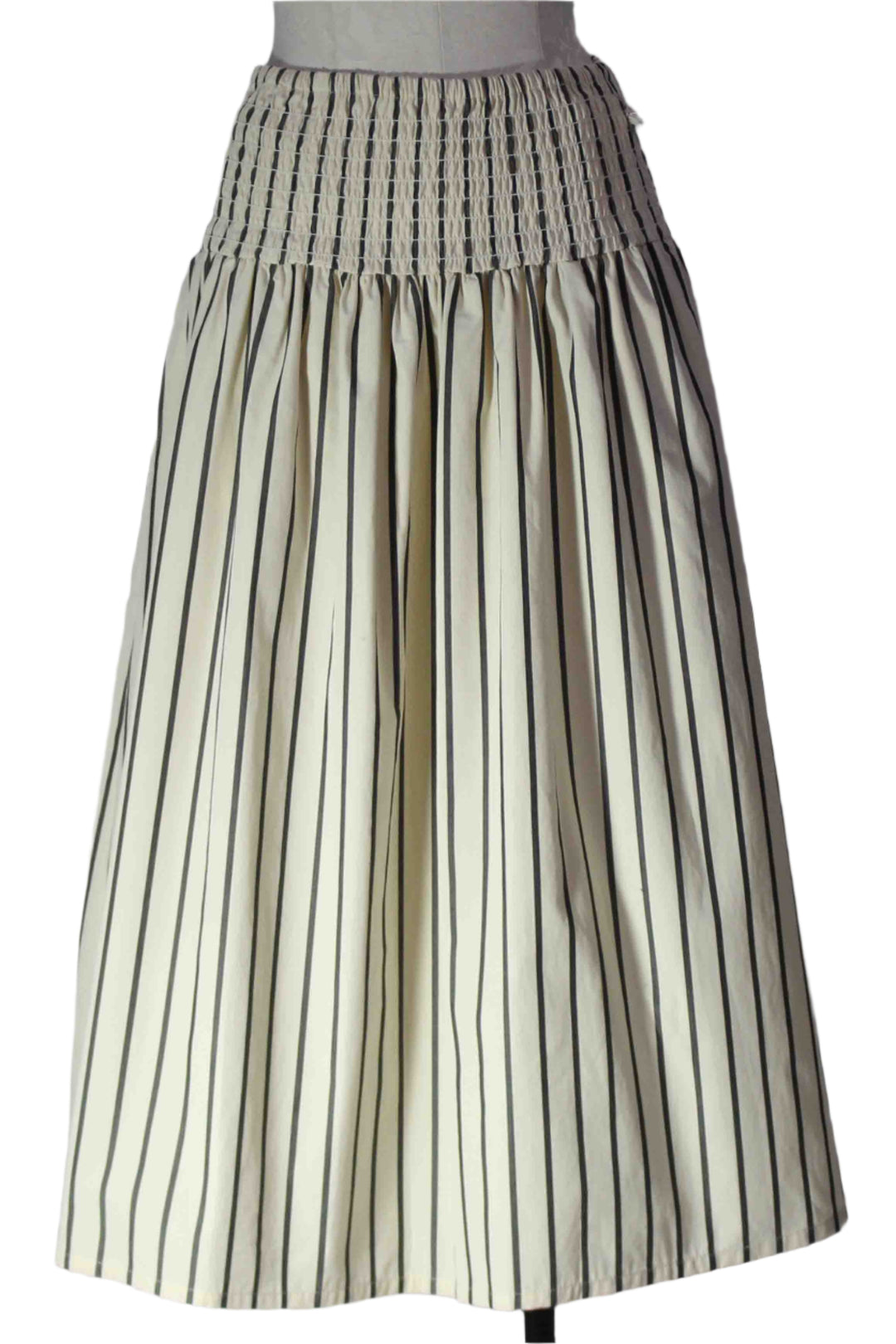 The Blue and White The Rhea Stripe Skirt by Fifteen Twenty is a midi length cotton skirt