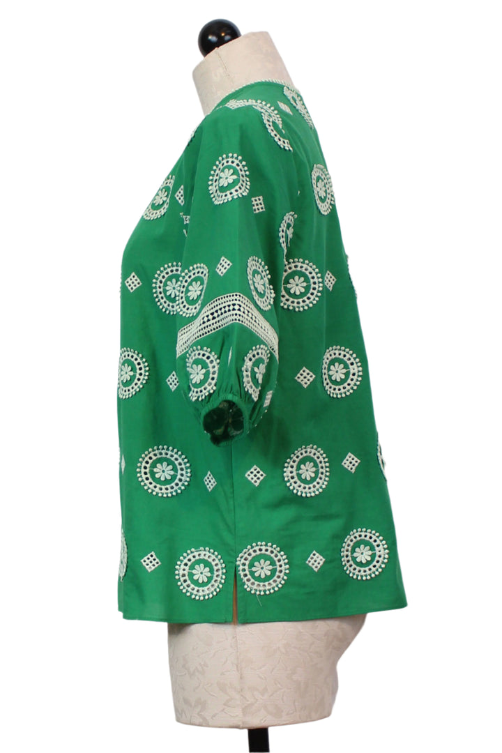 side view of Jade Green  Puff Sleeve V-Neck Roan Top by Cartolina 