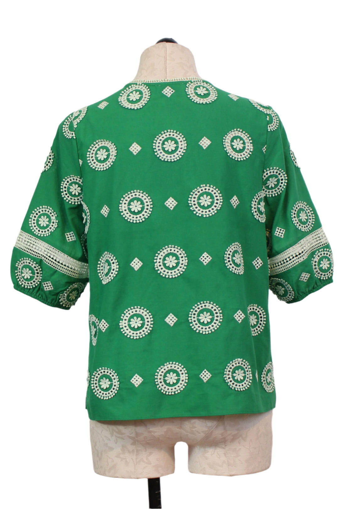back view of Jade Green  Puff Sleeve V-Neck Roan Top by Cartolina 