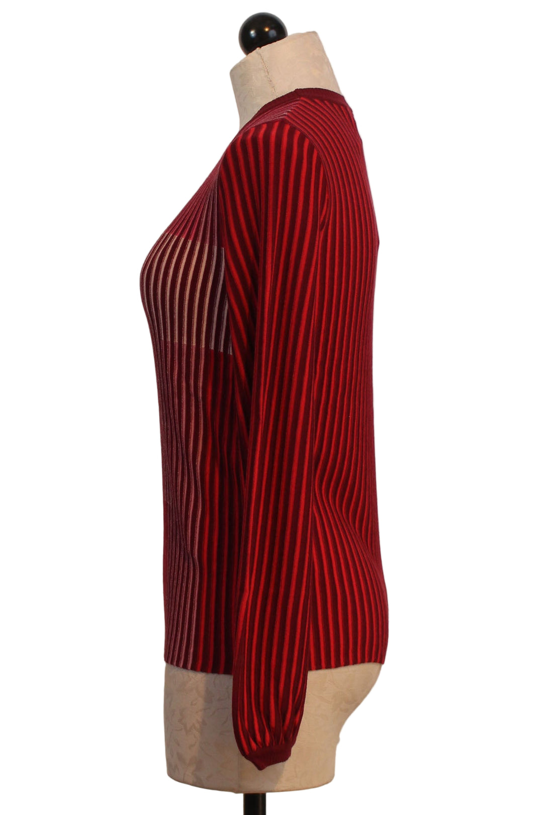 side view of Rojo Striped Logan Sweater Top with slightly puffed sleeves by Aldo Martins