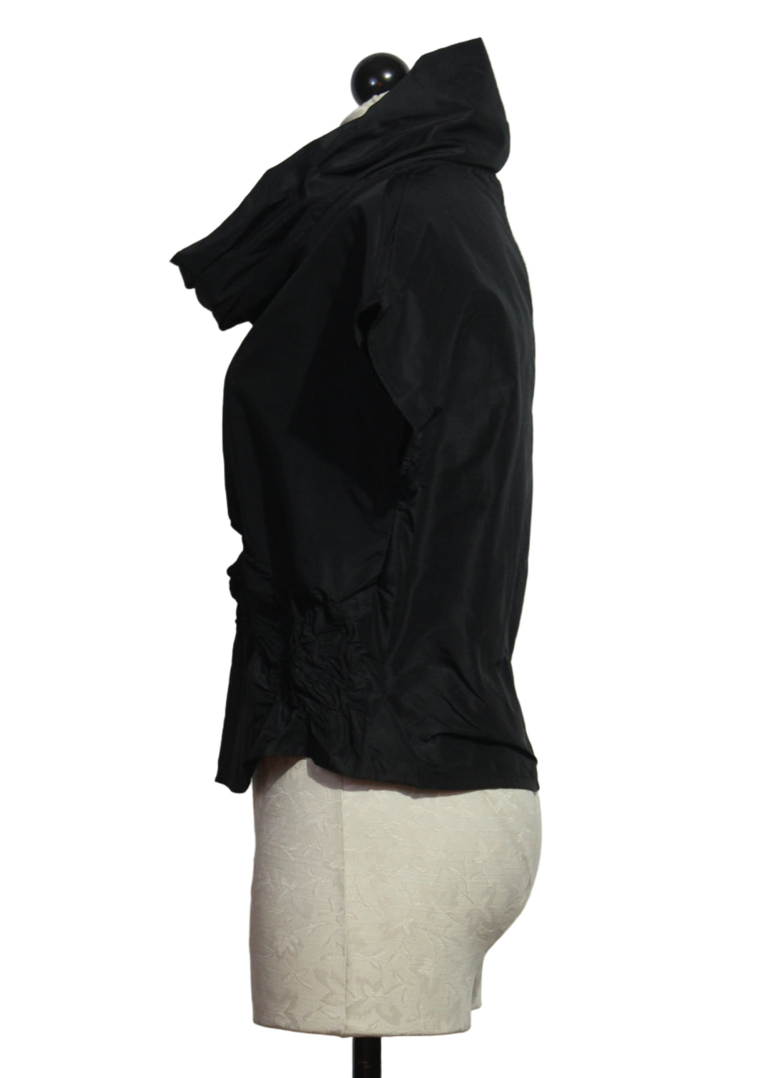 side view of Jet colored Cropped Roygen Cowl Neck Top by Kozan