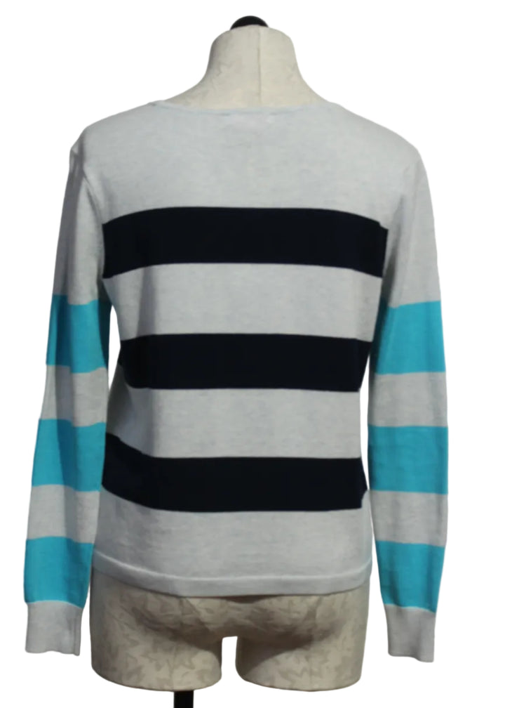 back view of Blue Ice and Navy Cult Classic Striped Sweater by Lisa Todd
