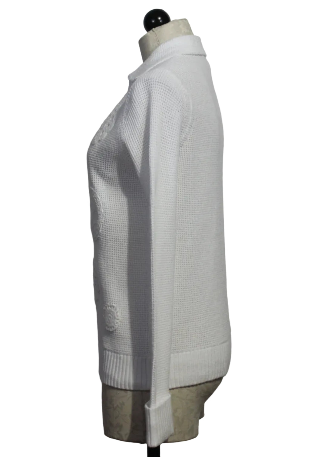 side view of White Knit Bliss Collared V Neck Sweater by Lisa Todd 