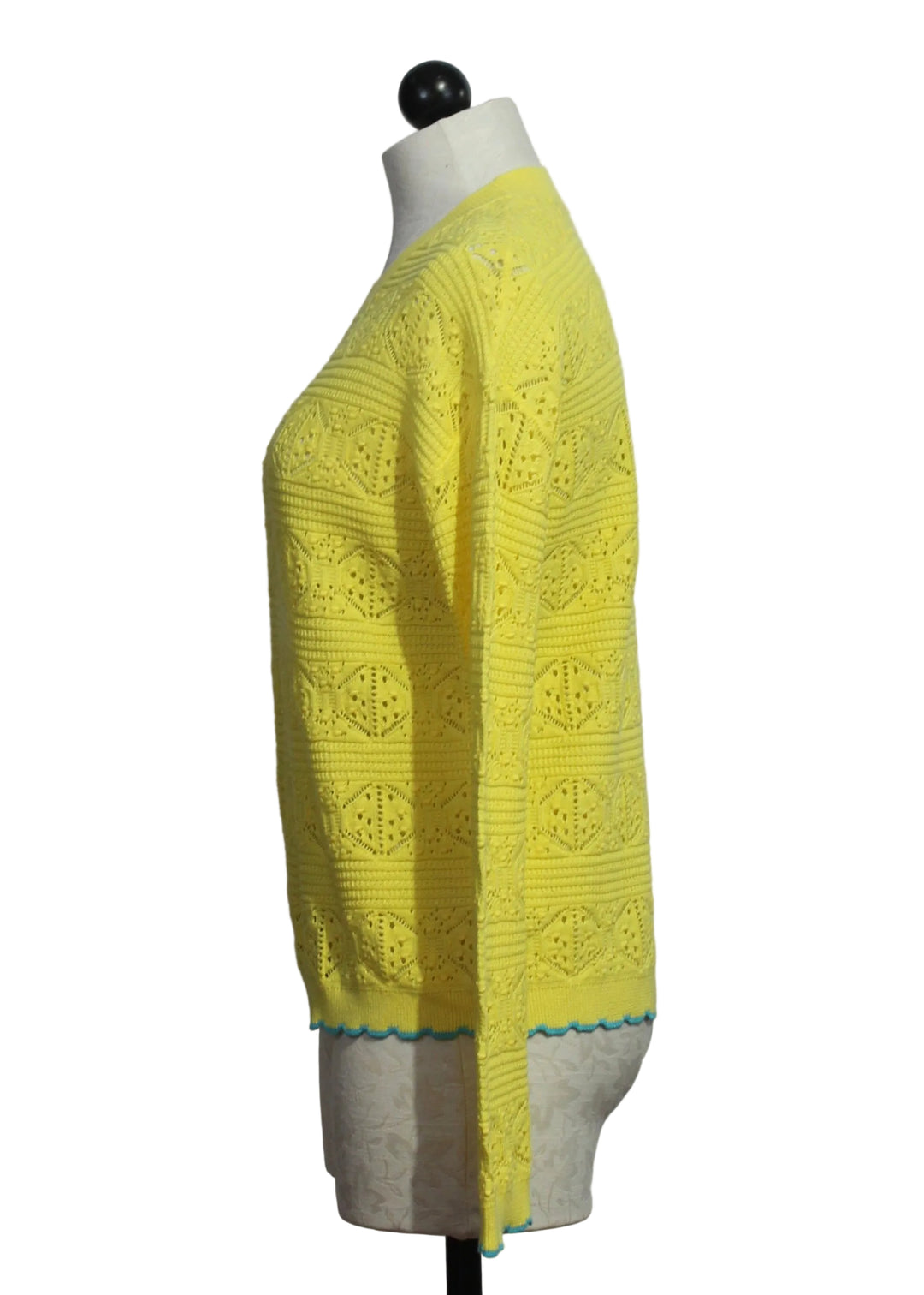 side view of Butter/Turquoise colored Seaside Chic Pullover Sweater by Lisa Todd 