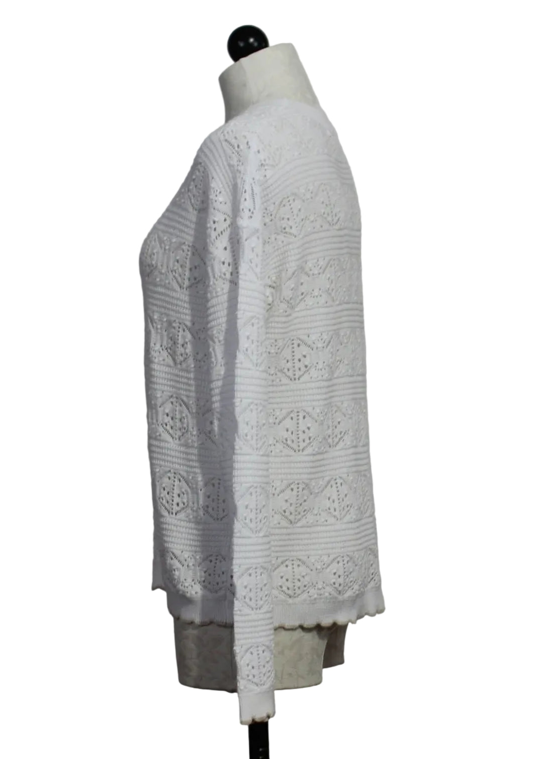 side view of White/Taupe Seaside Chic Pullover Sweater by Lisa Todd 