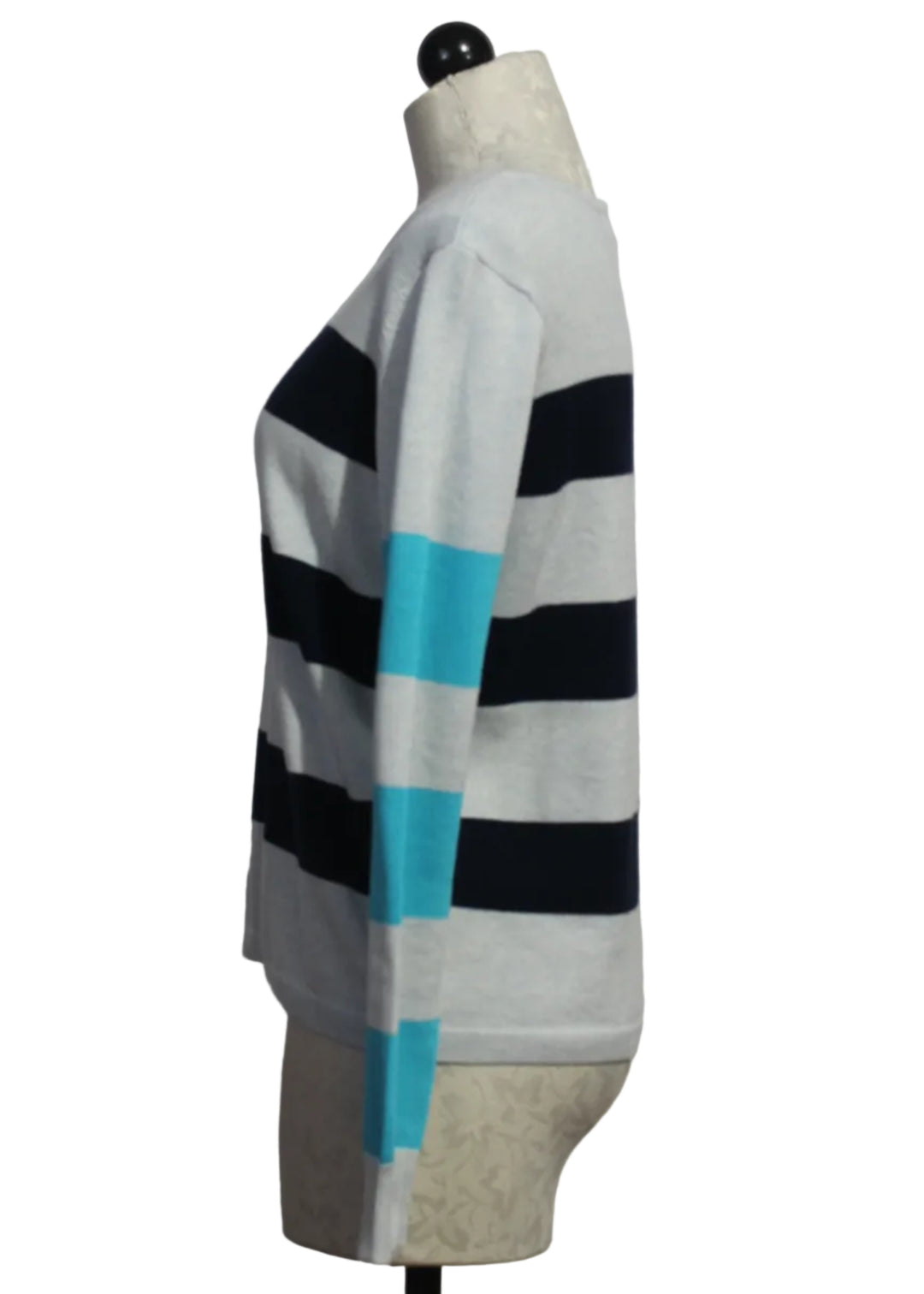 side view of Blue Ice and Navy Cult Classic Striped Sweater by Lisa Todd
