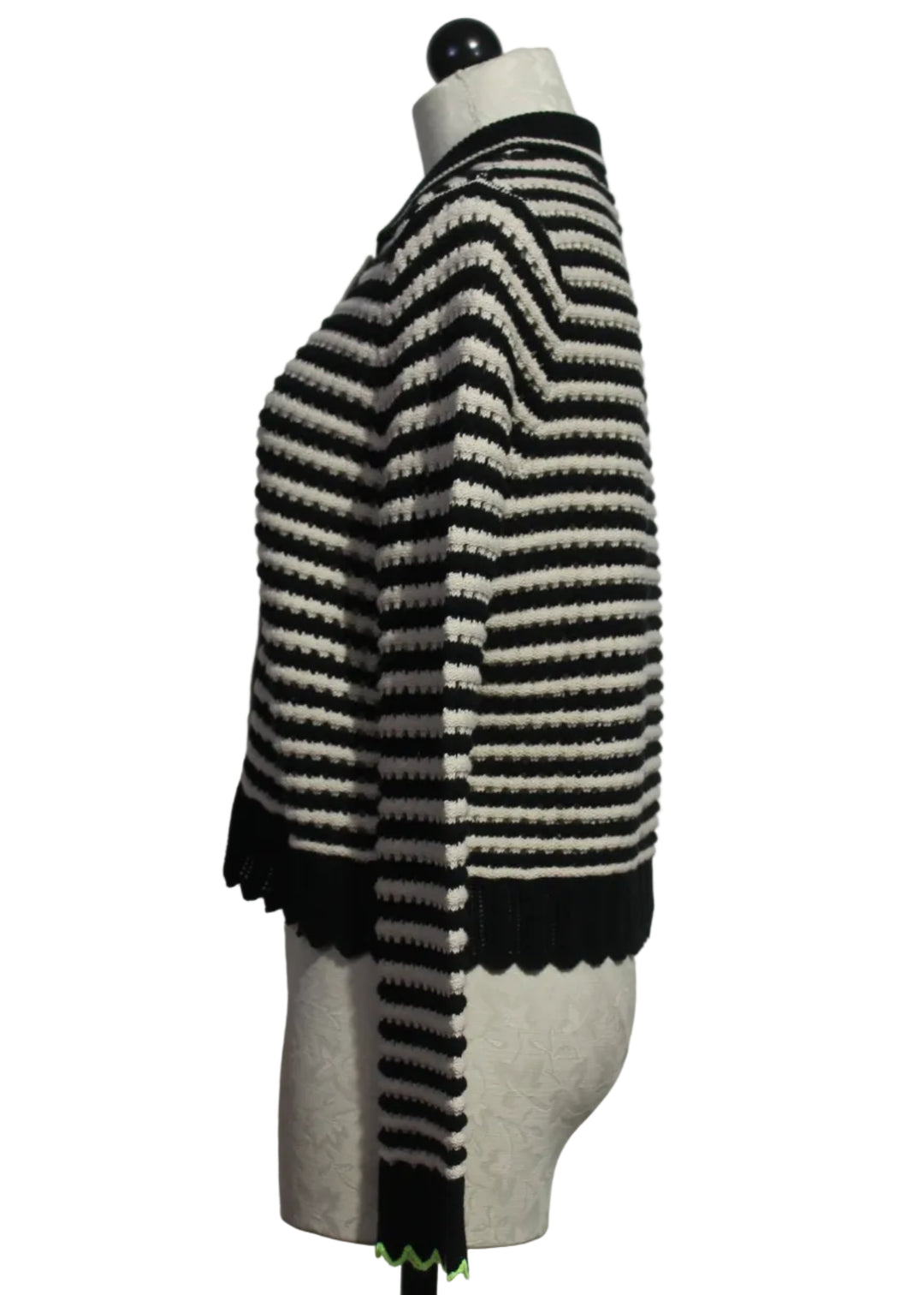 side view of black and ivory Striped Collared Bright Idea Cardi by Lisa Todd 