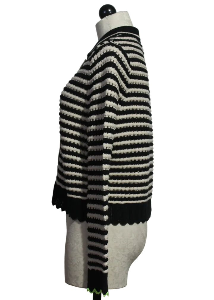 side view of black and ivory Striped Collared Bright Idea Cardi by Lisa Todd 
