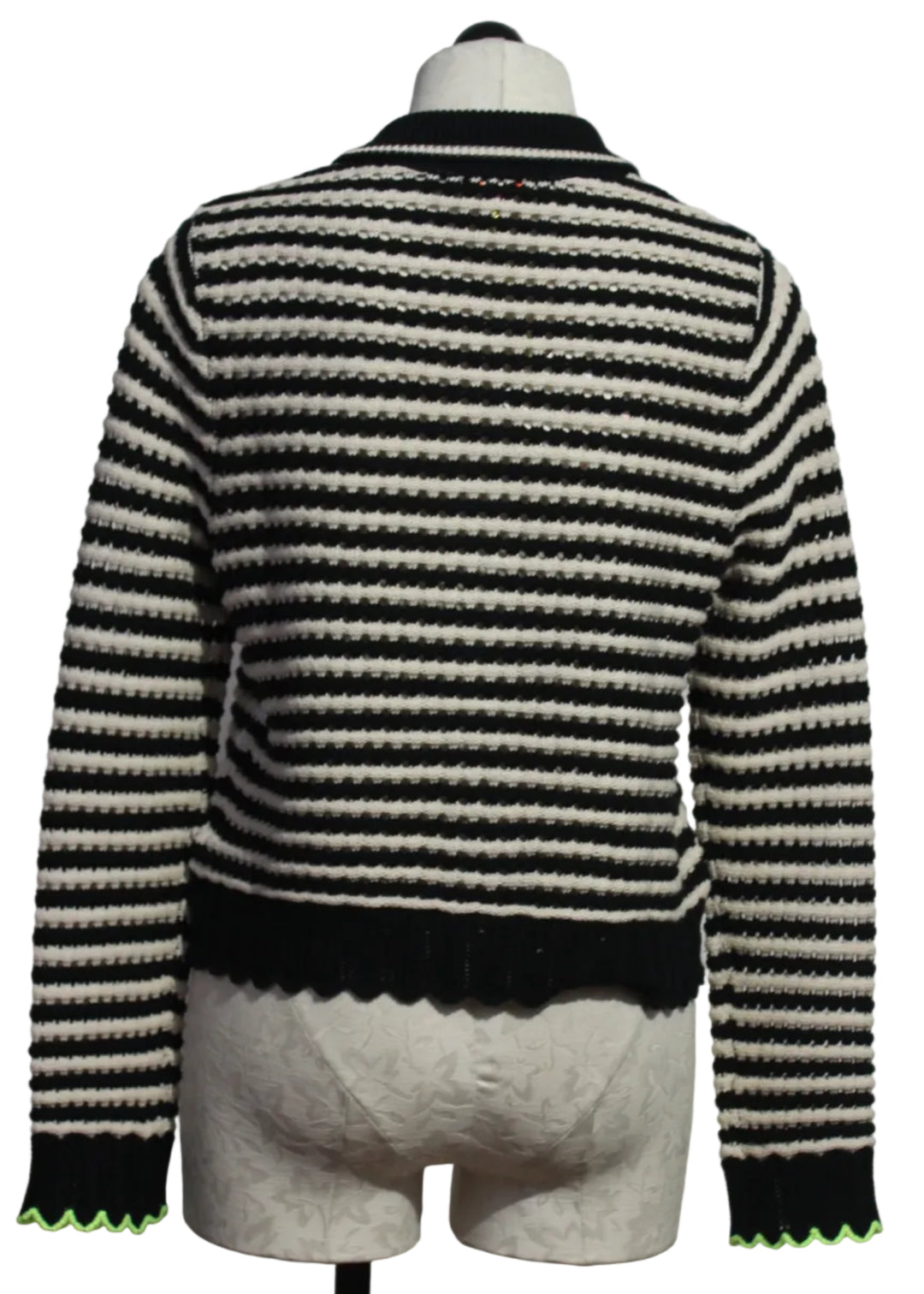 back view of Black and Ivory Striped Collared Bright Idea Cardi by Lisa Todd 