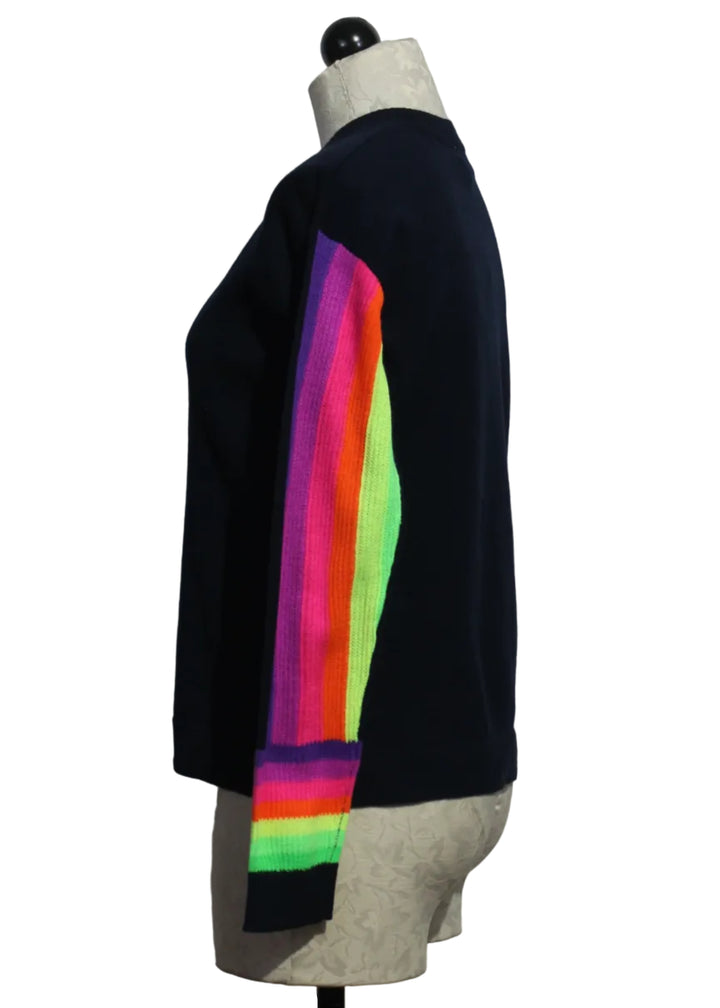 side view of Navy Brite Side V Neck Sweater by Lisa Todd with Multicolored sleeves