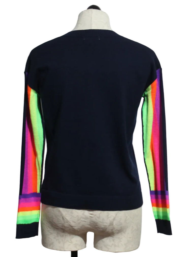 back view of Navy Brite Side V Neck Sweater by Lisa Todd with Multicolored sleeves