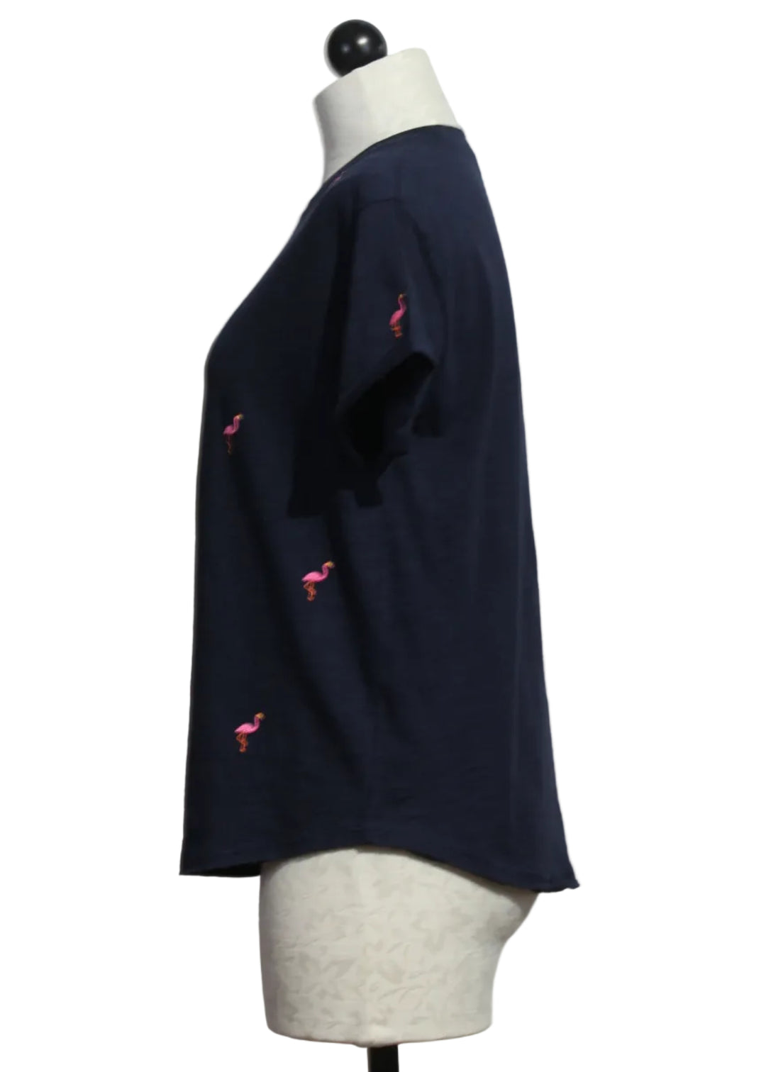 side view of Navy What The Flock Flamingo Embroidered Tee by Lisa Todd